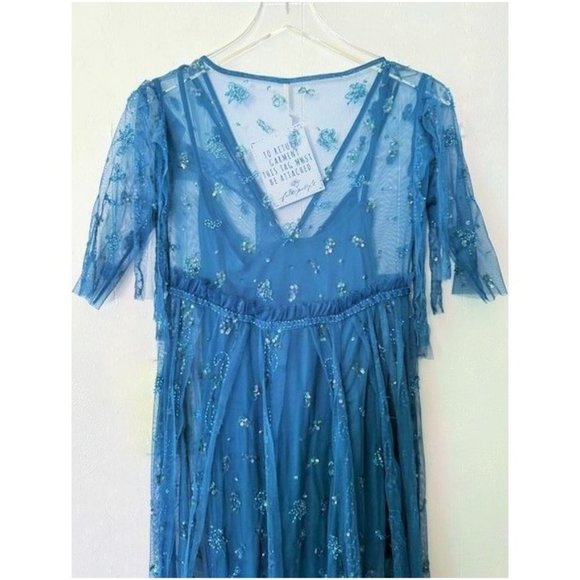 HOST PICK ❤️ FREE PEOPLE SASCHA TEAL BLUE SEQUIN TULLE MAXI DRESS 0 NWT FAIRY - Picture 11 of 13